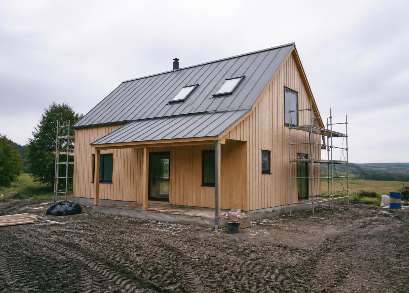 Newly assembled prefabricated house with scaffolding still in place