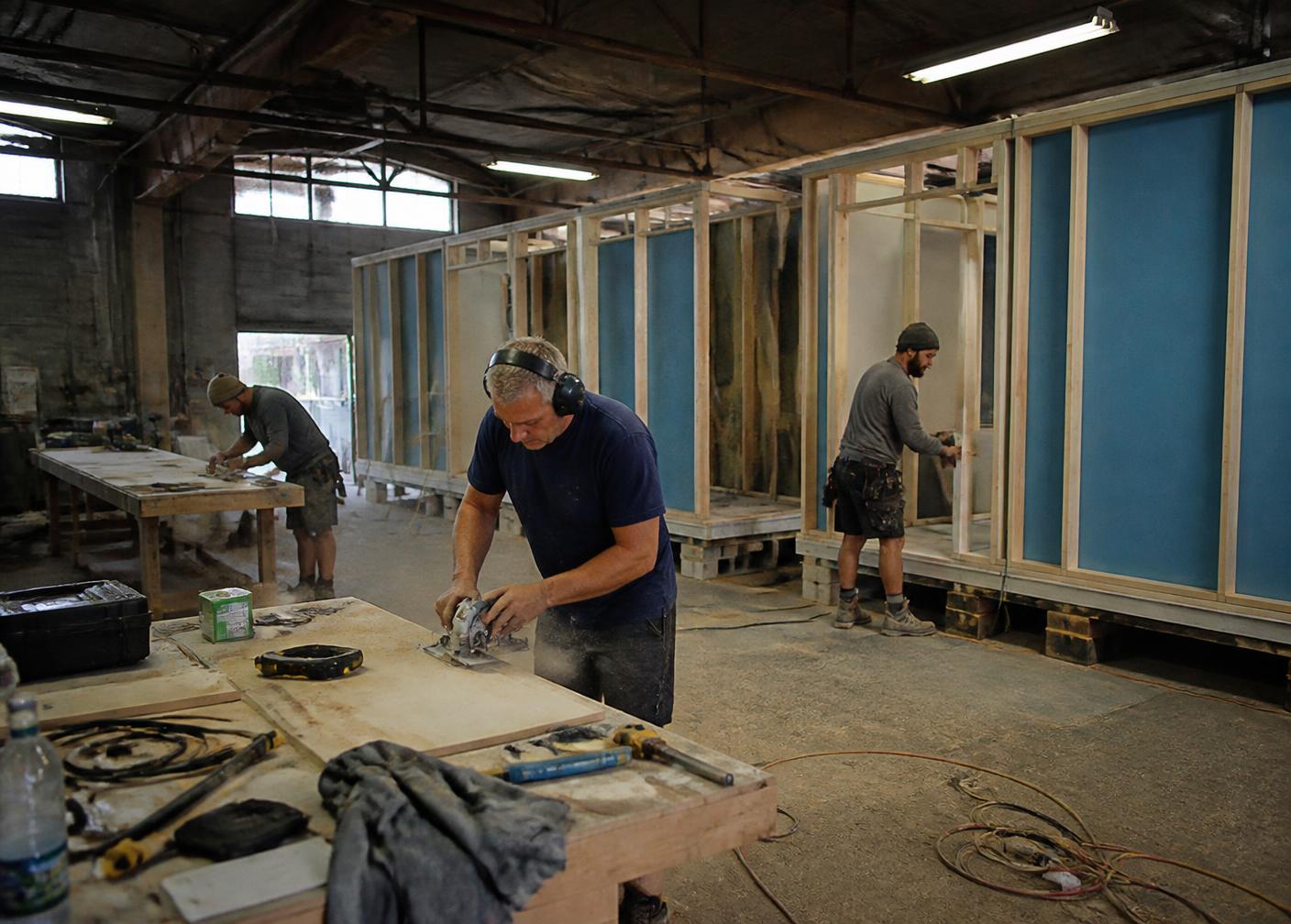 Workers assembling prefabricated timber wall panels in a workshop