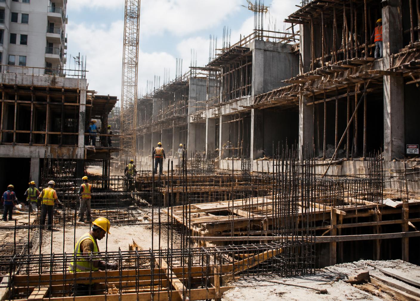 Engineers reviewing plans at a concrete-frame construction site in Kenya