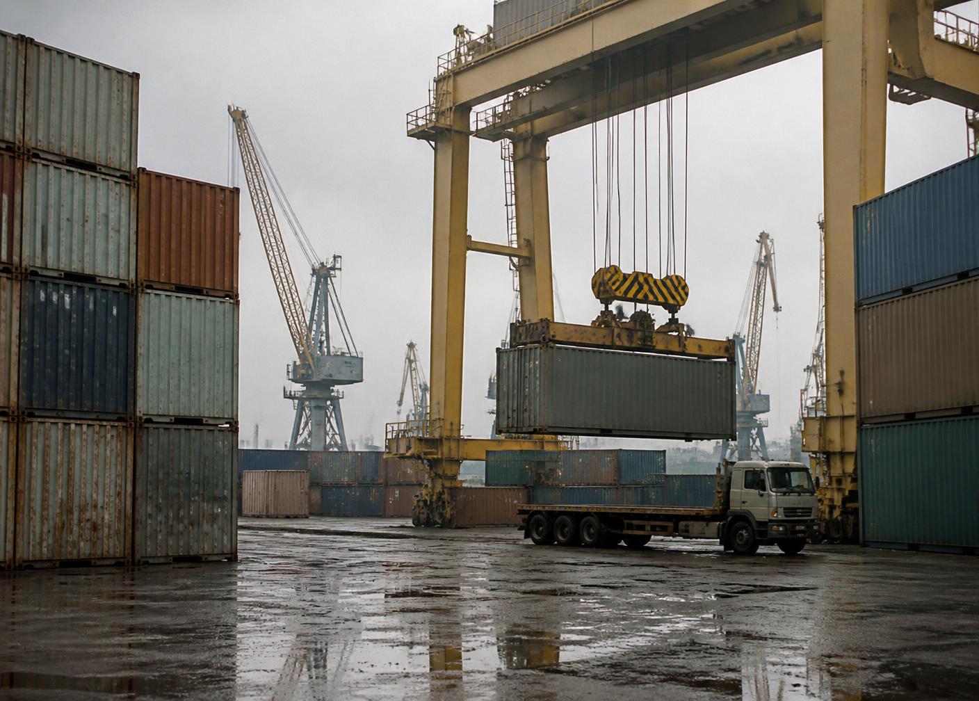 Crated building panels being loaded into shipping containers at a Kenyan port